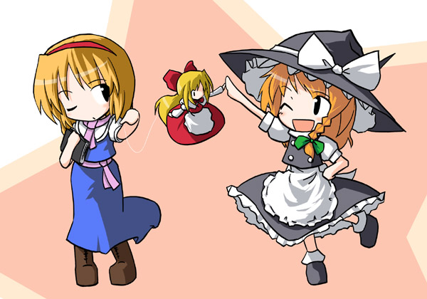 neki-t, alice margatroid, kirisame marisa, touhou, 2girls, ;d, apron, blonde hair, blue dress, blush, braid, capelet, doll, dress, female focus, flying, frills, full body, hat, head tilt, long hair, looking to the side, multiple girls, one eye closed, open mouth, orange hair, outstretched arm, puffy short sleeves, puffy sleeves, short hair, short sleeves, single braid, size difference, smile, standing, waist apron, witch hat