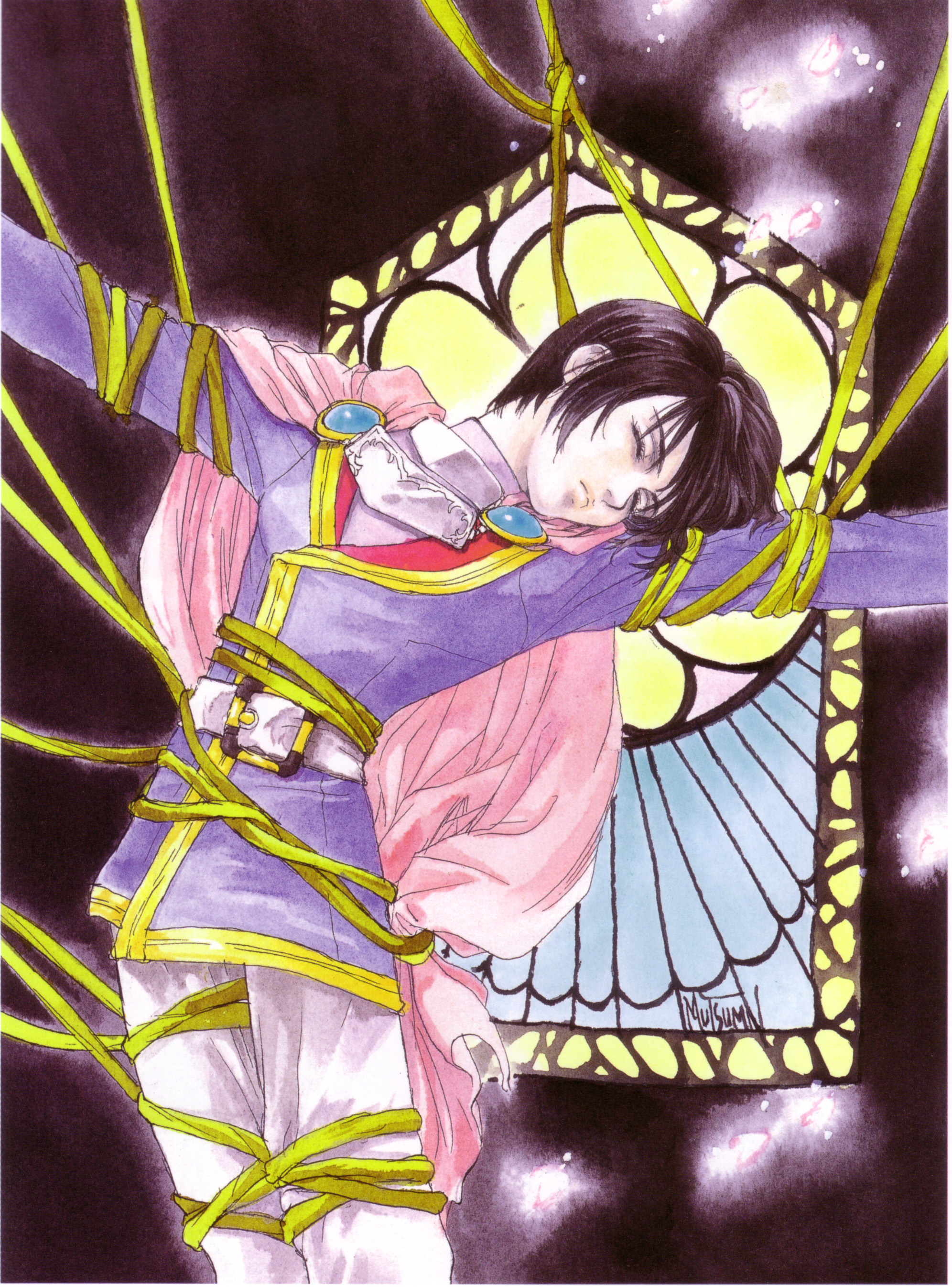 mutsumi inomata, leon magnus, tales of (series), tales of destiny, absurdres, highres, 1boy, bdsm, black hair, bondage, bound, fantasy, male focus, solo, stained glass, standing