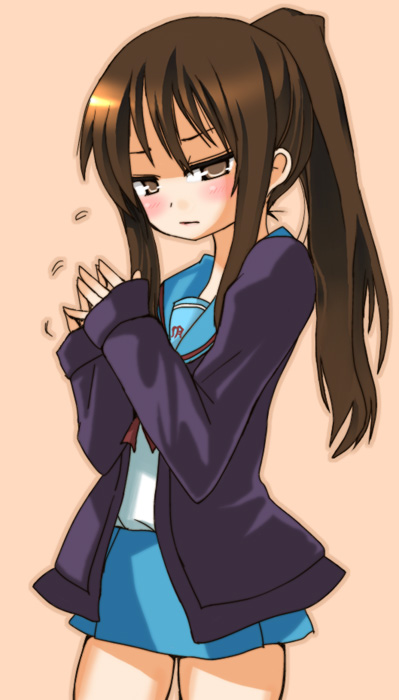 hane (hanegoya), kyonko, suzumiya haruhi no yuuutsu, 00s, 1girl, blush, brown eyes, brown hair, female focus, genderswap, genderswap (mtf), long sleeves, ponytail, school uniform, serafuku, solo