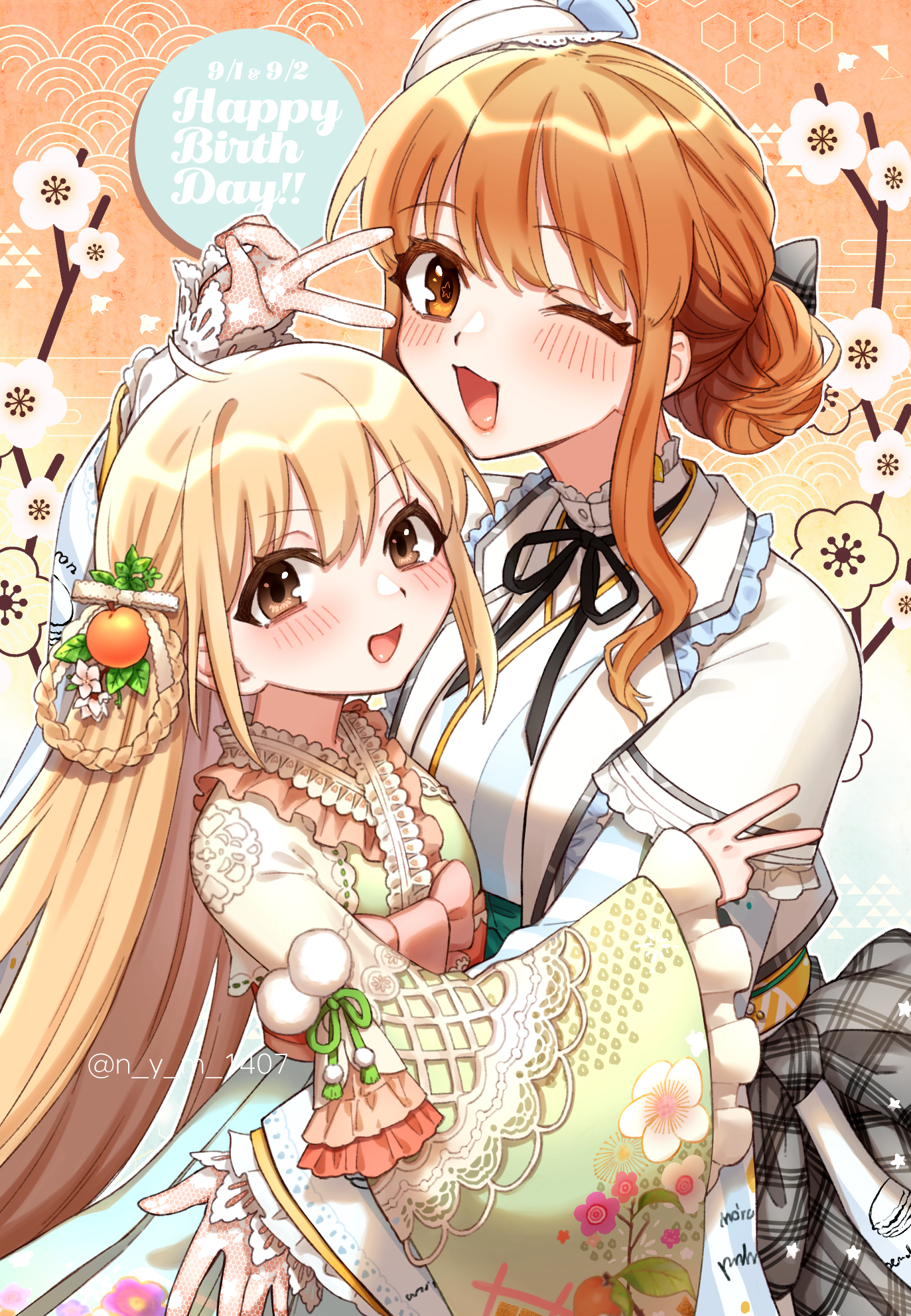 koyuki suzu, futaba anzu, moroboshi kirari, idolmaster, idolmaster cinderella girls, highres, 2girls, birthday, blonde hair, blush, brown eyes, hair bun, hair ornament, hand up, happy birthday, japanese clothes, kimono, long hair, long sleeves, looking at viewer, multiple girls, one eye closed, open mouth, orange hair, single hair bun, upper body, v, wide sleeves