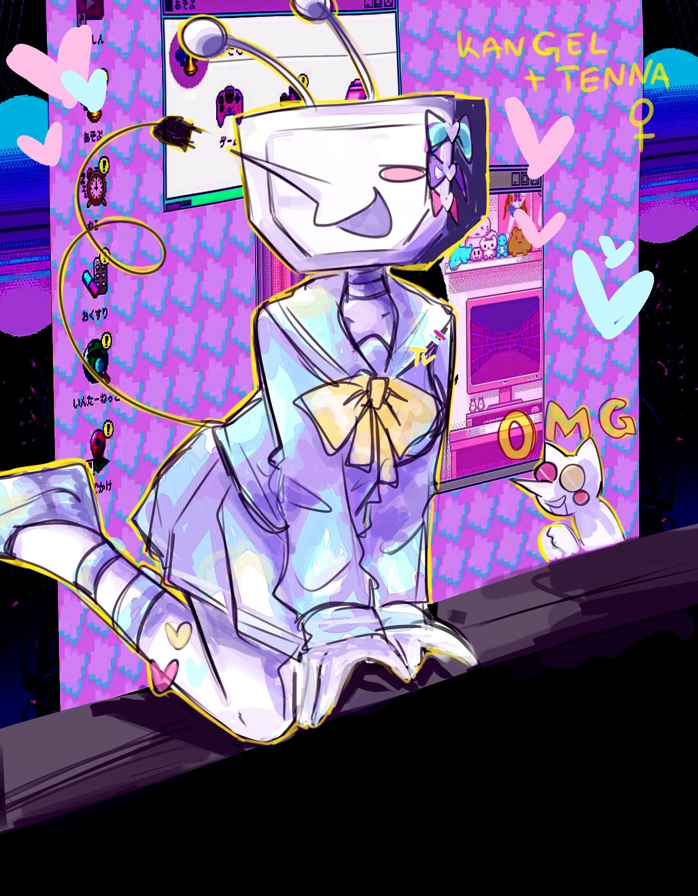 ant tenna, chouzetsusaikawa tenshi-chan, pien cat (needy girl overdose), spamton g. spamton, deltarune, needy girl overdose, utdr (toby fox), highres, 1girl, 1other, antennae, blue bow, blush, bow, crossover, crt, electric plug, electric plug tail, genderswap, genderswap (mtf), glasses, heart, holographic clothing, icon (computing), monitor, pink bow, pointy nose, purple bow, ribbon, school uniform, serafuku, shayyuri21, shoes, skirt, sticker on leg, stuffed toy, tail, television, window (computing), yellow bow, yellow ribbon