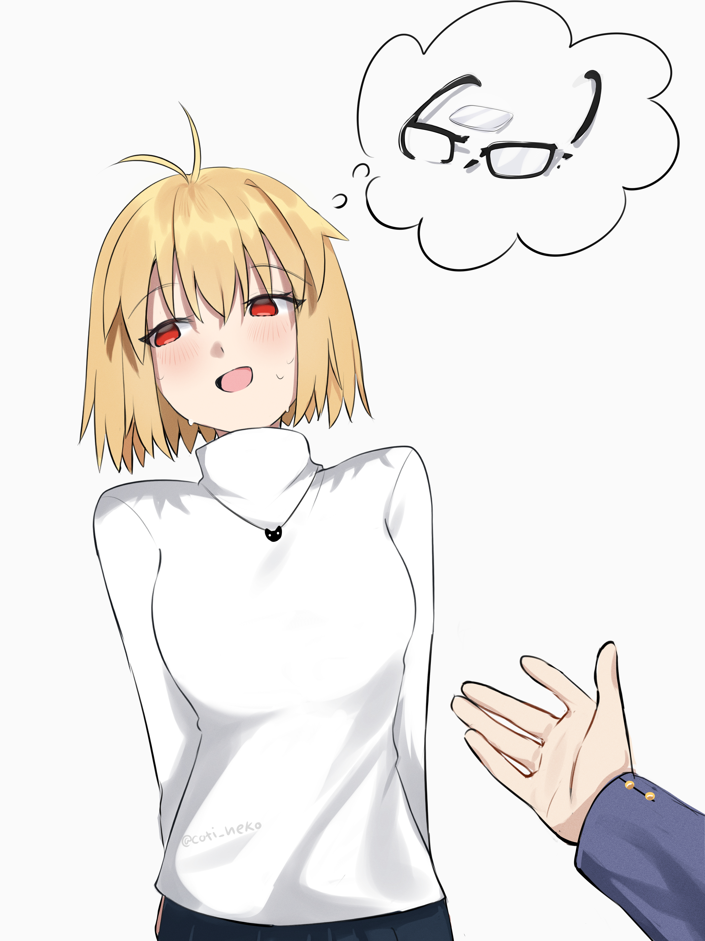 coti neko, arcueid brunestud, tohno shiki, tsukihime, tsukihime (remake), absurdres, commentary, english commentary, highres, 1boy, 1girl, ahoge, arms behind back, blonde hair, blue skirt, blush, broken eyewear, glasses, jewelry, looking to the side, necklace, nervous, nervous smile, nervous sweating, reaching, reaching towards another, red eyes, school uniform, short hair, skirt, smile, souya high school uniform, sweat, sweater, turtleneck, turtleneck sweater, white sweater