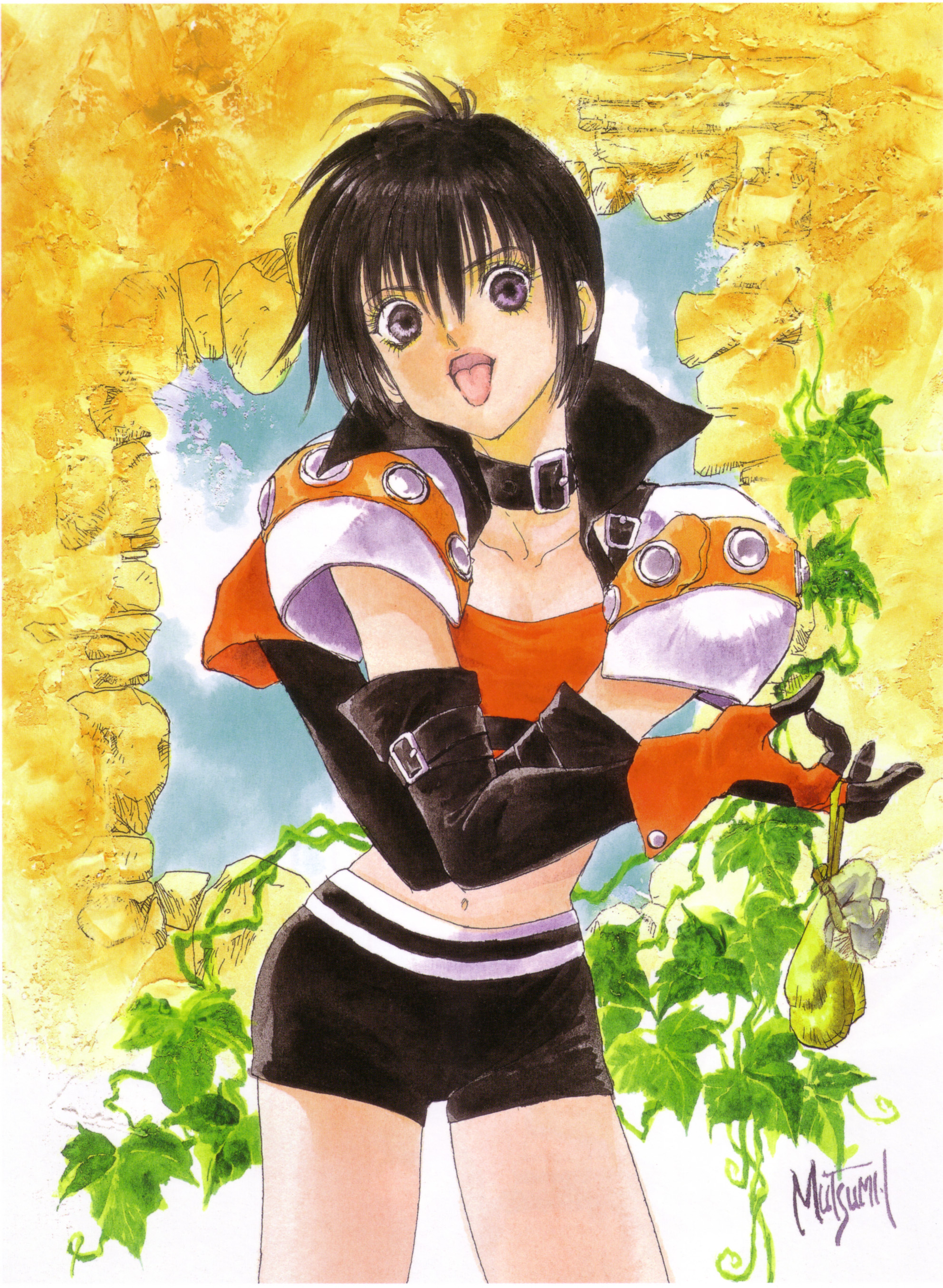 mutsumi inomata, rutee katrea, tales of (series), tales of destiny, absurdres, highres, 1girl, :p, artist name, black hair, collar, fantasy, female focus, gloves, looking at viewer, midriff, outdoors, plant, purple eyes, short hair, short shorts, shorts, solo, tongue, tongue out, vines