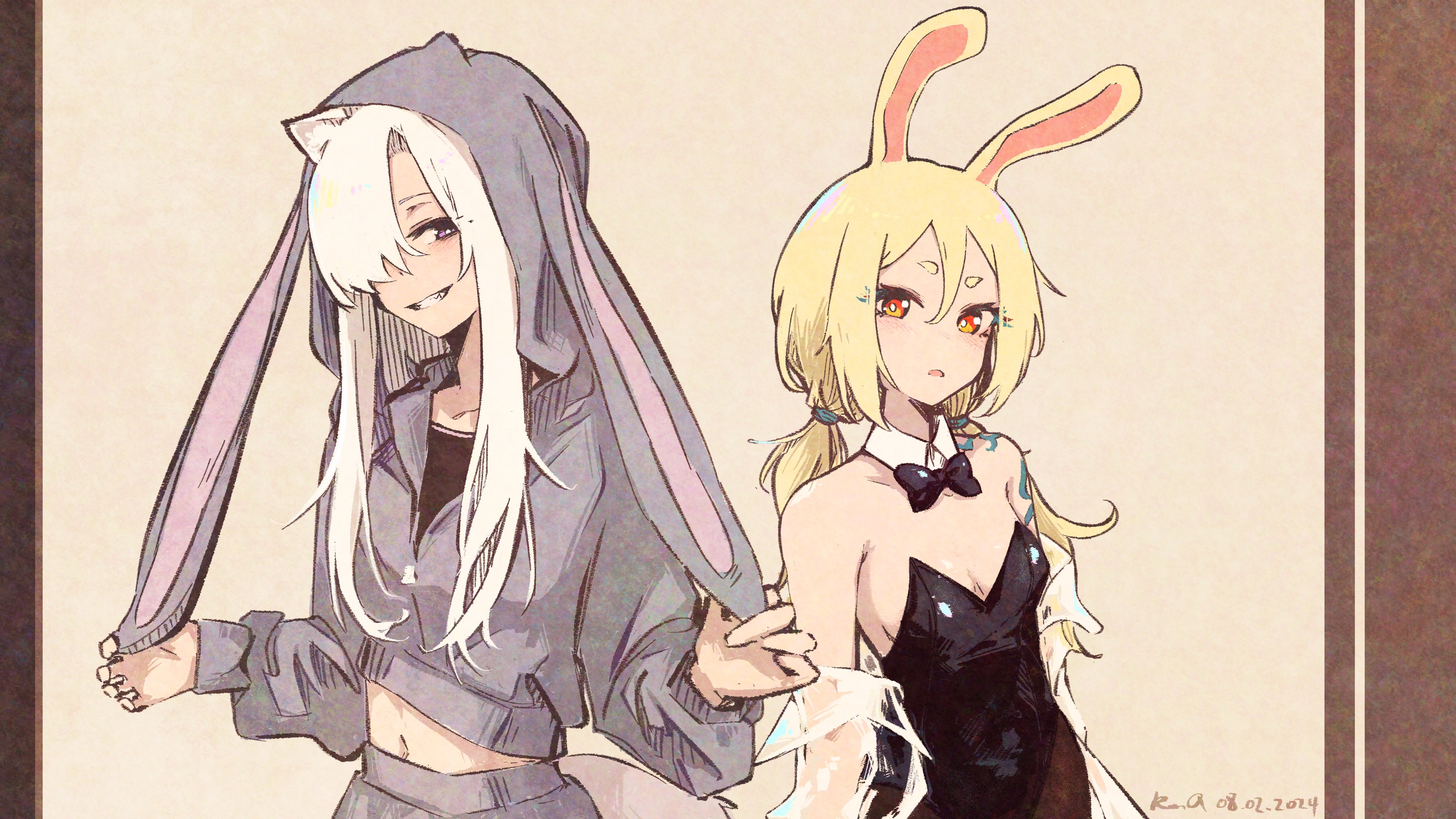 rnna, original, absurdres, commentary, english commentary, highres, 2girls, animal ear hood, animal ears, animal hood, bare shoulders, black bow, black leotard, black pantyhose, black shirt, blonde hair, bow, breasts, cleavage, dated, detached collar, fake animal ears, gradient eyes, grey hoodie, grey pants, hair over one eye, hood, hood up, hoodie, leotard, lof (rnna), long hair, midriff, multicolored eyes, multiple girls, pants, pantyhose, partially unzipped, playboy bunny, purple eyes, rabbit ears, rabbit girl, rabbit hood, red eyes, shirt, shoulder tattoo, signature, small breasts, smile, tail, tattoo, tutu (rnna), upper body, white hair, wolf ears, wolf girl, wolf tail, yellow eyes