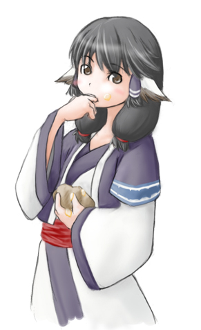 yonekura hisaki, aruruu, utawarerumono, lowres, 00s, animal ears, dog ears, eating, japanese clothes, solo