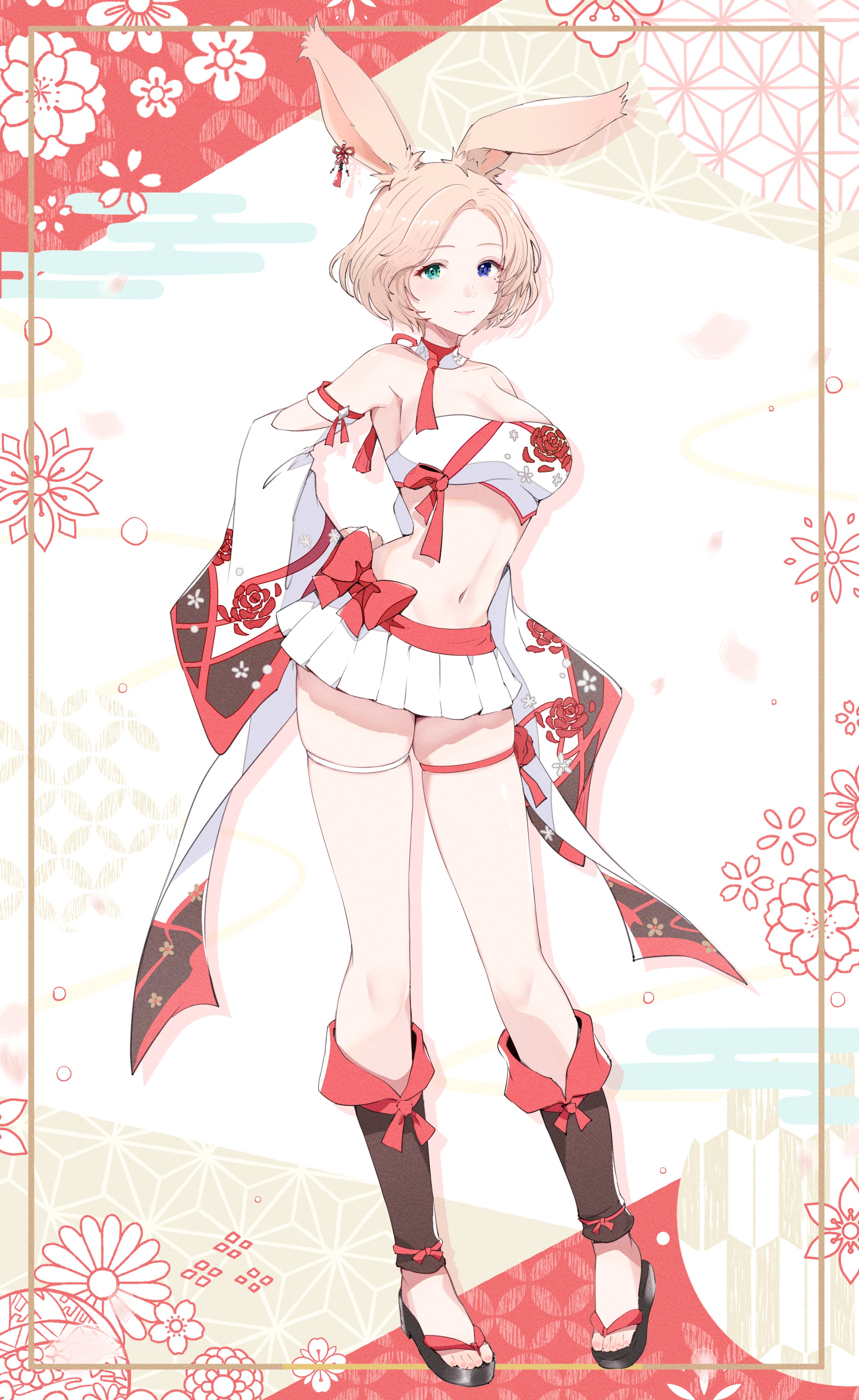 mokokoiro, warrior of light (ff14), final fantasy, final fantasy xiv, absurdres, commission, highres, skeb commission, 1girl, animal ears, bandeau, bare shoulders, blonde hair, blue eyes, breasts, detached collar, detached sleeves, earrings, green eyes, heterochromia, jewelry, looking at viewer, navel, rabbit ears, rabbit girl, rabbit tail, sandals, short hair, single earring, skirt, solo, stomach, tail, thigh strap, viera, white bandeau, white skirt, zouri