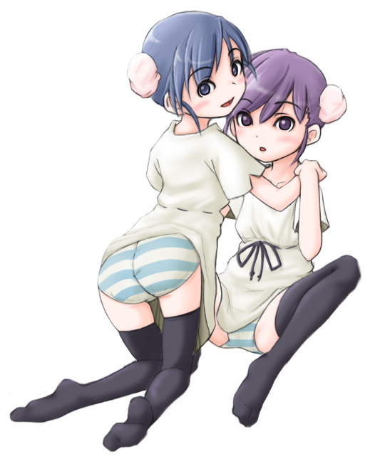 yonekura hisaki, himeyuri ruri, himeyuri sango, to heart (series), to heart 2, 00s, 2girls, blush, bun cover, double bun, hair bun, hug, multiple girls, panties, striped clothes, striped panties, thighhighs, underwear