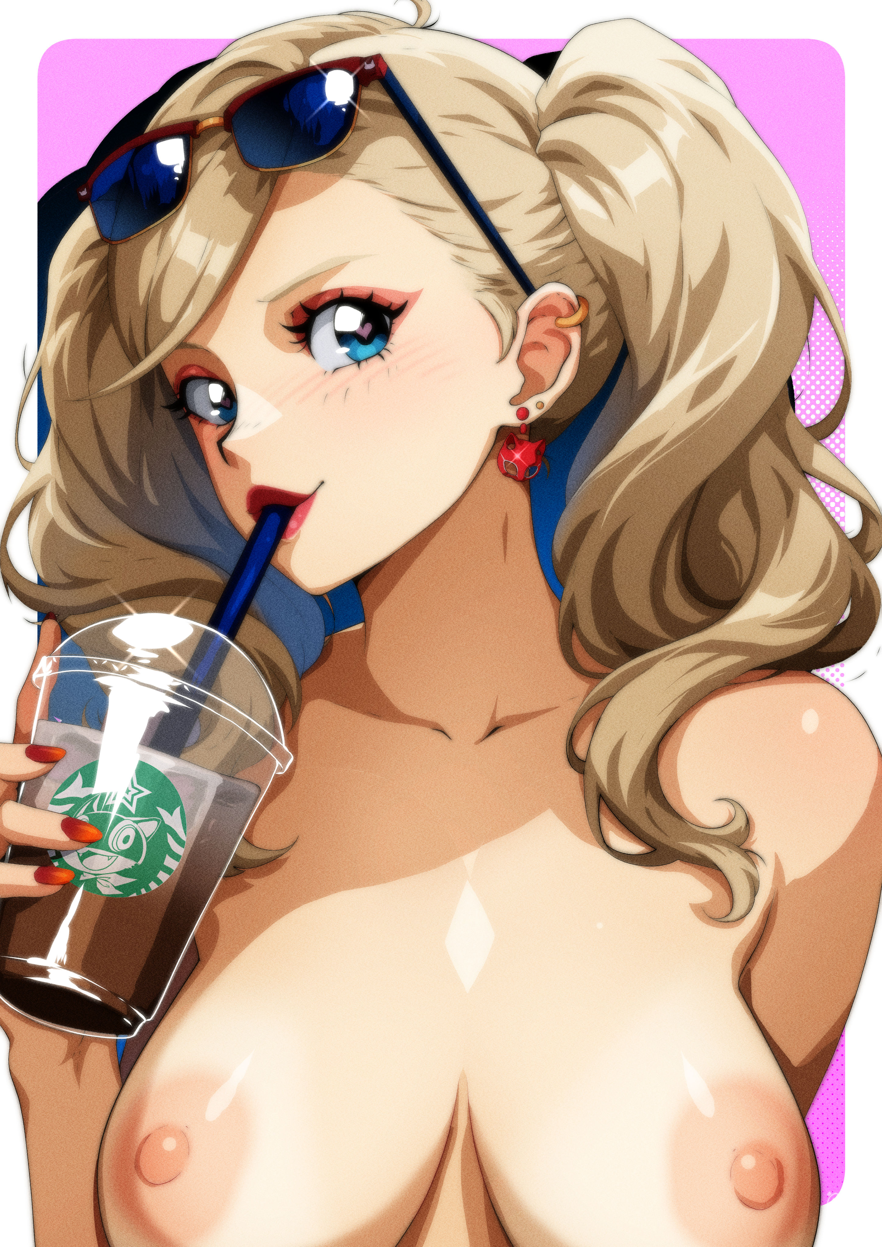 gravydood, takamaki anne, persona, persona 5, absurdres, highres, 1girl, blonde hair, blue eyes, blush, breasts, coffee, completely nude, ear piercing, eyeshadow, female focus, heart, heart-shaped pupils, large breasts, lipstick, long hair, looking at viewer, makeup, nail polish, nude, piercing, simple background, solo, sunglasses, symbol-shaped pupils, twintails, upper body