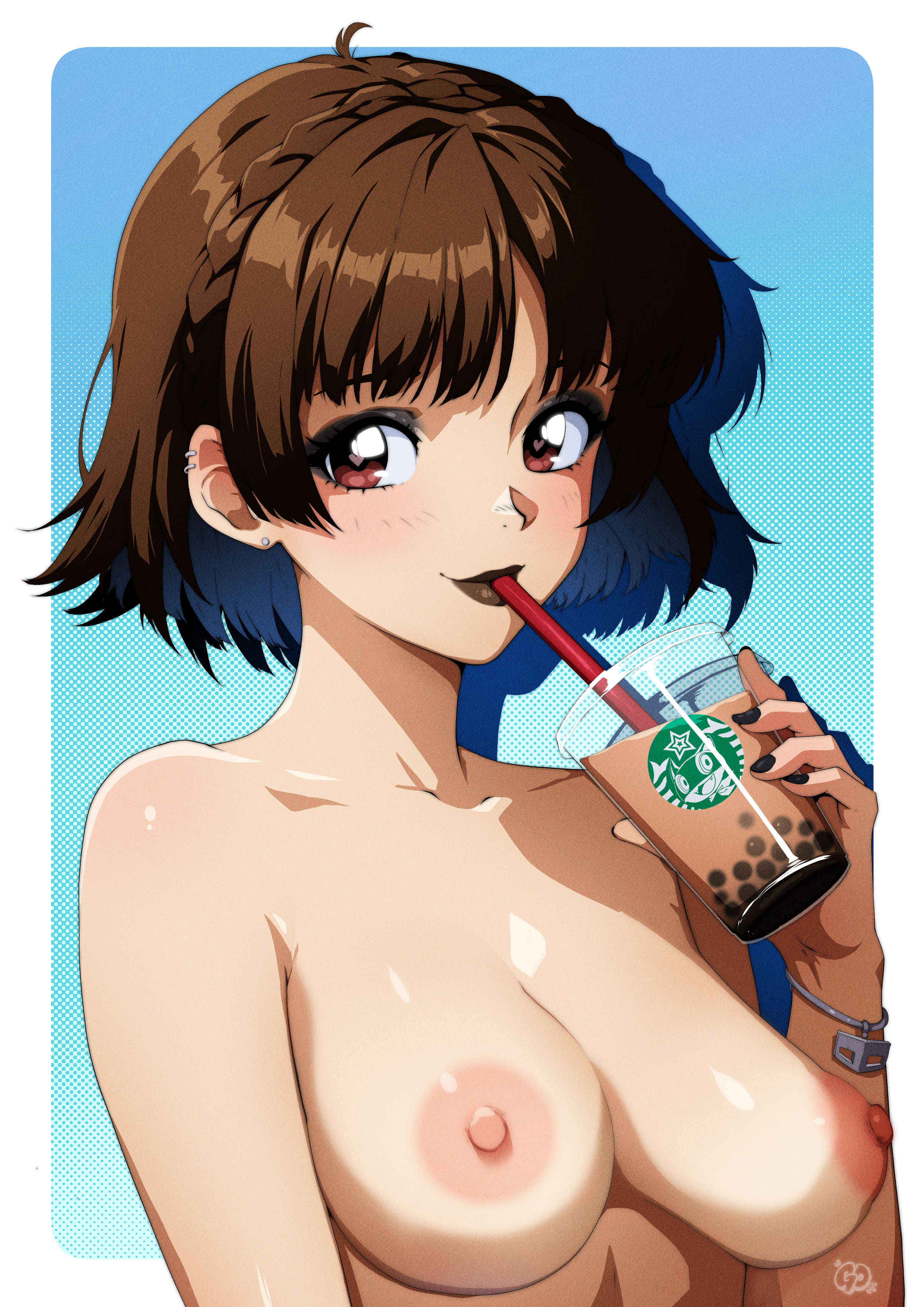gravydood, niijima makoto, persona, persona 5, absurdres, highres, 1girl, blush, breasts, bubble tea, completely nude, ear piercing, eyeshadow, female focus, heart, heart-shaped pupils, lipstick, looking at viewer, makeup, medium breasts, nail polish, nude, piercing, red eyes, short hair, simple background, solo, symbol-shaped pupils, upper body