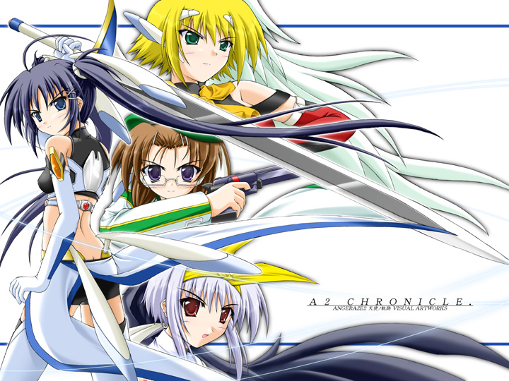 akimoto dai, theta, arisa schmidt, sora von himmelblru, yunna, angeraze 2, albino, beret, blonde hair, blue eyes, blue hair, brown hair, green eyes, gun, hair ornament, hairband, hairclip, hat, long hair, polearm, red eyes, short hair, twintails, weapon, white hair