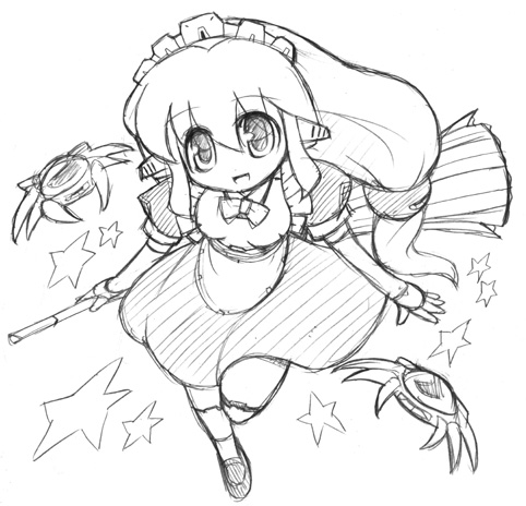 vivit, seihou, lowres, 1girl, broom, broom riding, female focus, full body, greyscale, maid, monochrome, solo
