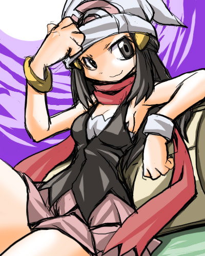 kobayashi tetsuya, dawn (pokemon), nintendo, pokemon, pokemon adventures, lowres, 1girl, beanie, black hair, bracelet, female focus, grey eyes, hat, jewelry, long hair, scarf, sitting, skirt, smile, solo, wristband