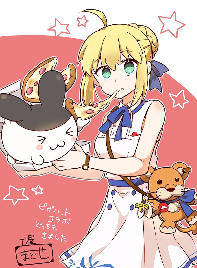 tsuchiya madose, artoria pendragon (fate), saber (fate), fate/stay night, fate (series), pizza hut, 1girl, ahoge, bag, blonde hair, blue bow, bow, dress, eating, excalibur (fate/stay night), food, food on face, green eyes, handbag, looking at viewer, pizza, red background, stuffed animal, stuffed toy, watch, white dress, wristwatch