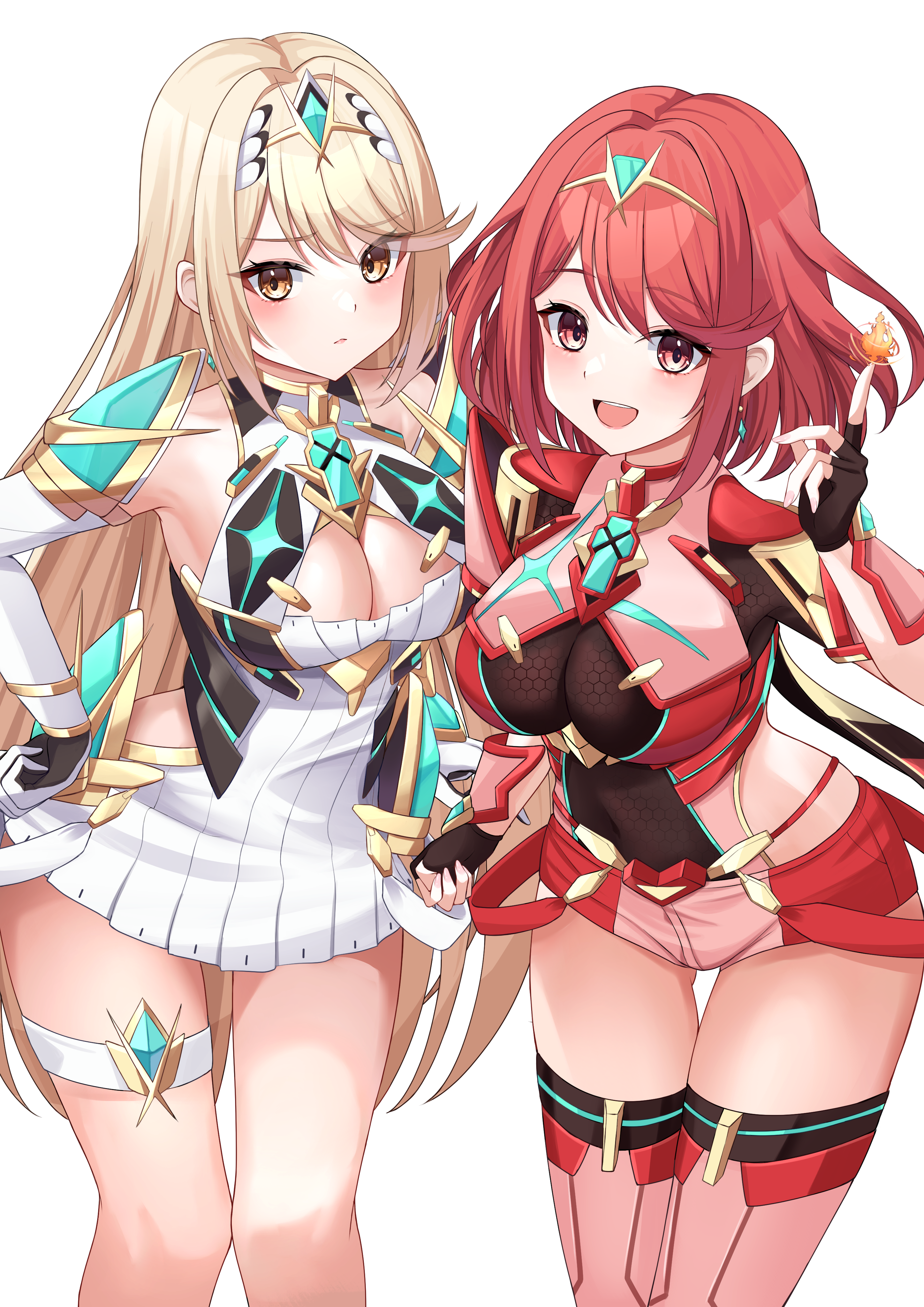 kaede (maple4rt), mythra (xenoblade), pyra (xenoblade), xenoblade chronicles (series), xenoblade chronicles 2, absurdres, commentary request, highres, 2girls, arm guards, armor, bare shoulders, black gloves, blonde hair, bob cut, breasts, chest jewel, cleavage, closed mouth, core crystal (xenoblade), cowboy shot, dress, earrings, elbow gloves, fingerless gloves, fire, floating earrings, gloves, hand on own hip, hand up, index finger raised, jewelry, large breasts, long hair, looking at viewer, microdress, multiple girls, open mouth, pyrokinesis, red eyes, red hair, red shorts, red thighhighs, see-through cleavage, see-through clothes, short hair, short shorts, short sleeves, shorts, shoulder armor, simple background, skindentation, sleeveless, sleeveless dress, smile, suspenders hanging, swept bangs, thigh strap, thighhighs, tiara, very long hair, white background, white dress, white gloves, yellow eyes
