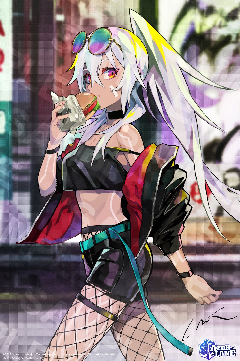 lam (ramdayo), minneapolis (azur lane), azur lane, highres, official art, 1girl, black jacket, black shorts, black tank top, blue-tinted eyewear, blurry, blurry background, bodypaint, breasts, burger, cowboy shot, crop top, crossed bangs, dark-skinned female, dark skin, eating, eyewear on head, facepaint, fishnet pantyhose, fishnets, food, hair between eyes, high ponytail, holding, holding burger, holding food, jacket, long hair, long sleeves, looking at viewer, medium breasts, midriff, navel, open clothes, open jacket, pantyhose, ponytail, red eyes, sample watermark, shorts, solo, sunglasses, tank top, tinted eyewear, very long hair, walking, watermark, white hair, yellow-framed eyewear