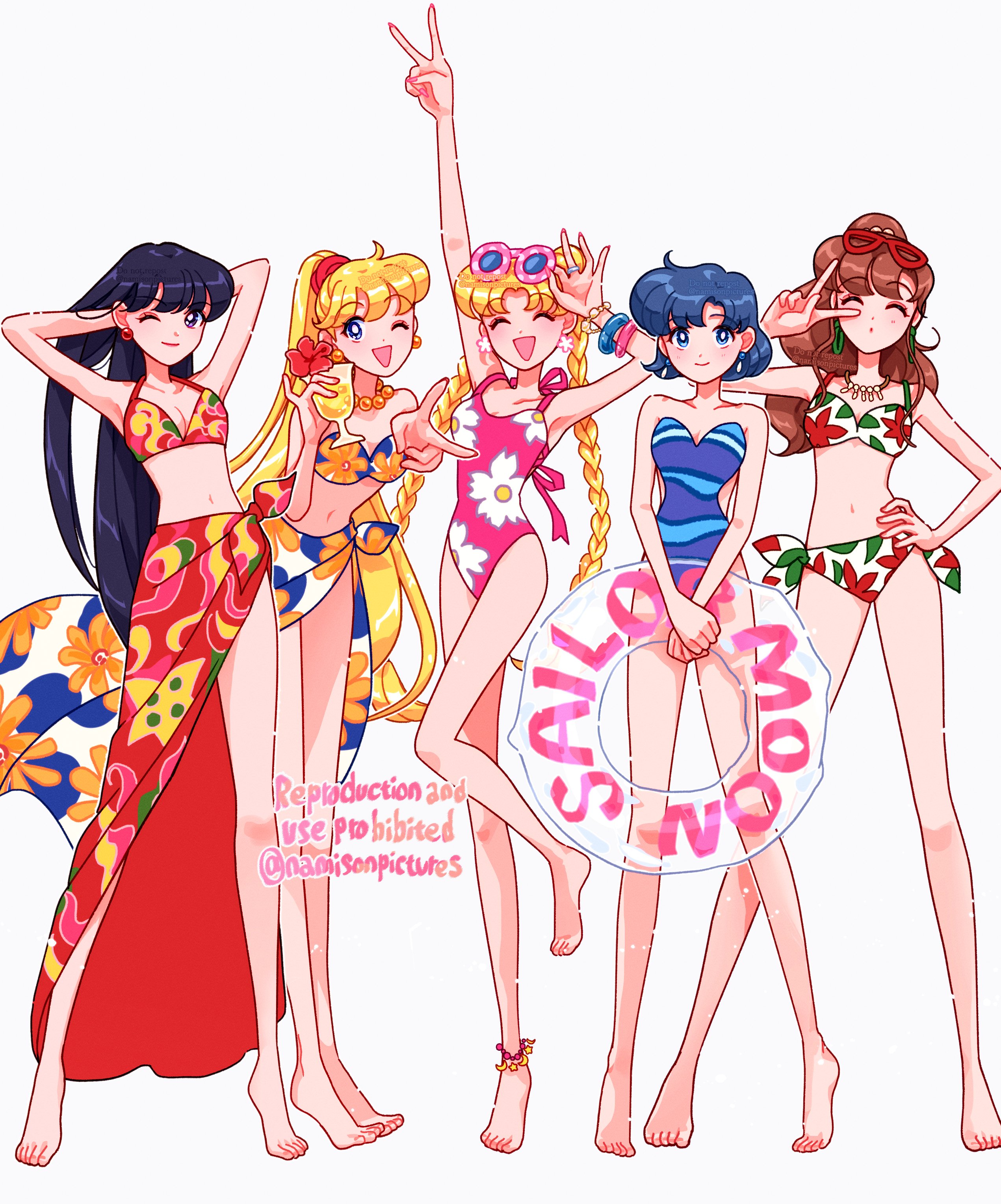 namisonpictures, aino minako, hino rei, kino makoto, mizuno ami, tsukino usagi, bishoujo senshi sailor moon, absurdres, highres, 5girls, alternate hairstyle, anklet, bikini, black hair, blue eyes, breasts, brown eyes, cleavage, copyright name, earrings, eyewear on head, floral print, hair ornament, hair scrunchie, hoop earrings, jewelry, long hair, midriff, multiple girls, navel, necklace, one-piece swimsuit, one eye closed, ponytail, purple eyes, sarong, scrunchie, small breasts, smile, swimsuit, wrist scrunchie