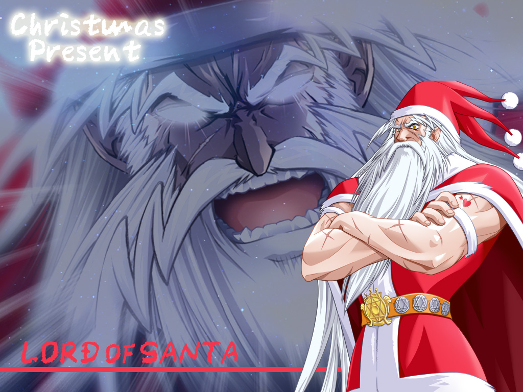 ribahara aki, lord of santa, santa claus, 1boy, angry, armband, beard, belt, christmas, christmas present, crossed arms, facial hair, gift, glowing, glowing eyes, hat, hexagram, long hair, male focus, santa costume, santa hat, scar, solo, tattoo, white hair, yellow eyes