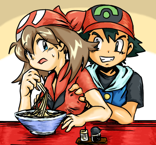 omusubi, omusubii, ash ketchum, may (pokemon), nintendo, pokemon, pokemon (anime), 1boy, 1girl, bandana, breasts, chopsticks, food, grabbing another's breast, groping, hetero, noodles, ramen