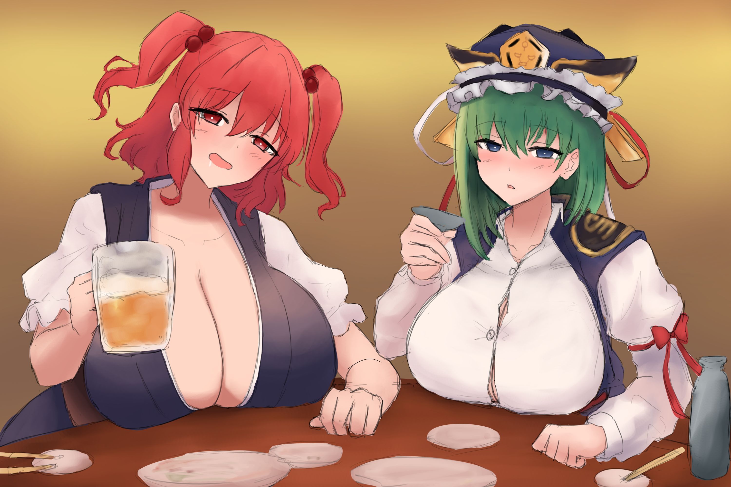 moriforest1040, onozuka komachi, shiki eiki, touhou, commentary request, highres, 2girls, alternate breast size (larger), asymmetrical hair, beer mug, black hat, blue eyes, blush, breasts, button gap, cleavage, cup, drunk, epaulettes, green hair, hair tubes, hat, holding, holding cup, huge breasts, juliet sleeves, large breasts, long sleeves, looking at viewer, mug, multiple girls, one side up, open mouth, plate, puffy sleeves, red eyes, red hair, yellow background