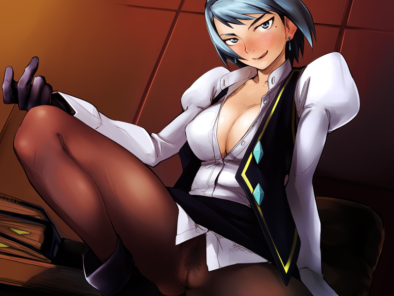yurikawa, franziska von karma, ace attorney, capcom, 1girl, :p, blue eyes, blue hair, blush, breasts, cleavage, earrings, female focus, female pubic hair, gloves, jewelry, large breasts, matching hair/eyes, mole, mole under eye, naughty face, no bra, no panties, pantyhose, pencil skirt, pubic hair, pussy, see-through clothes, short hair, skirt, solo, spread legs, squatting, tongue, tongue out, undressing