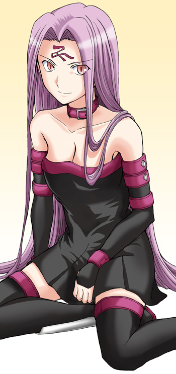 bobu jr, limit break, medusa (fate), medusa (rider) (fate), fate/stay night, fate (series), 00s, 1girl, bare shoulders, breasts, cleavage, collar, detached sleeves, dress, female focus, gloves, long hair, purple eyes, purple hair, solo, square pupils, strapless, strapless dress, thighhighs