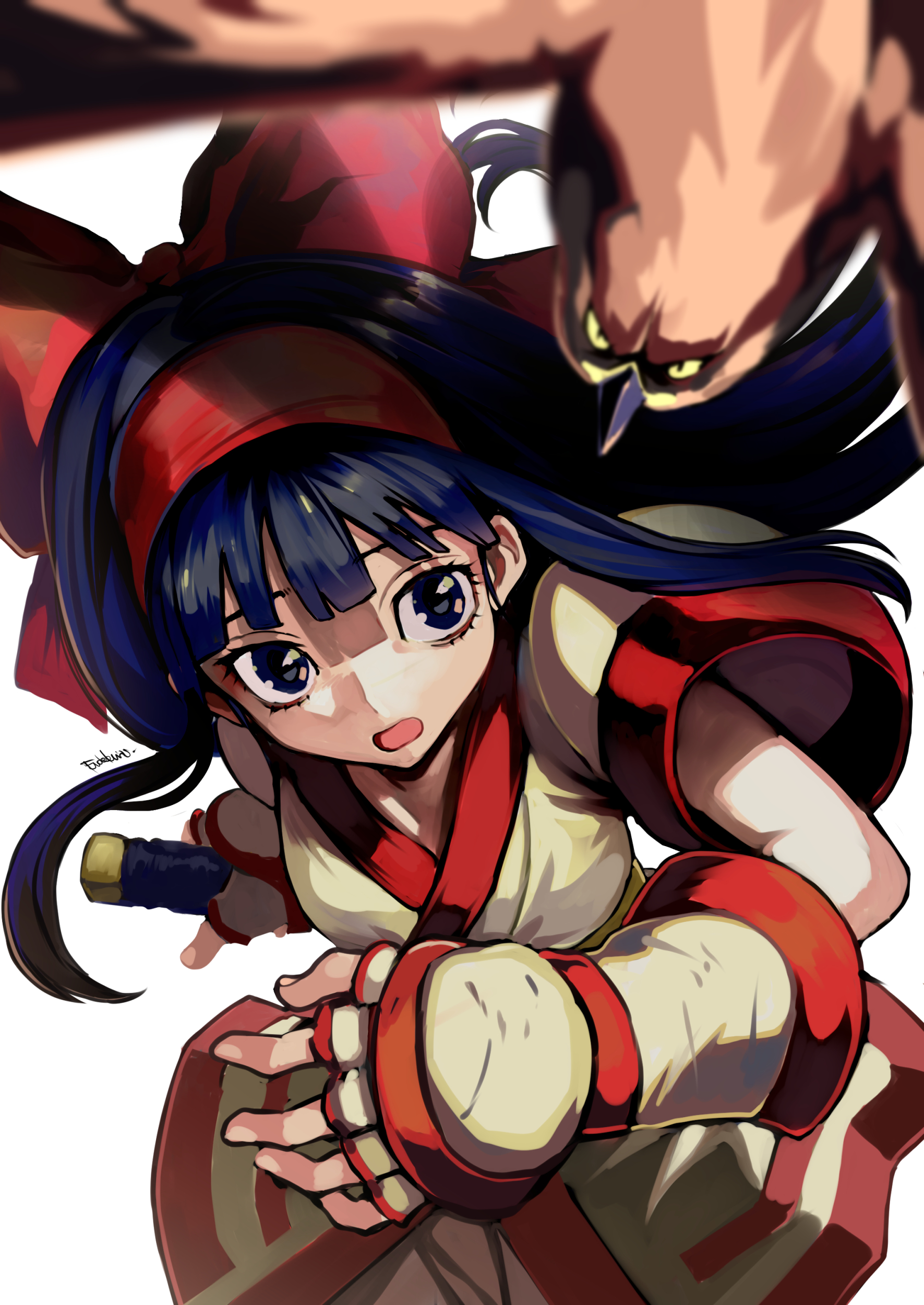eudetenis, nakoruru, samurai spirits, snk, absurdres, highres, 1girl, ainu clothes, artist name, bird, blue hair, bow, elbow gloves, gloves, hairband, holding, holding sword, holding weapon, red bow, red hairband, short sleeves, solo, sword, weapon, white background