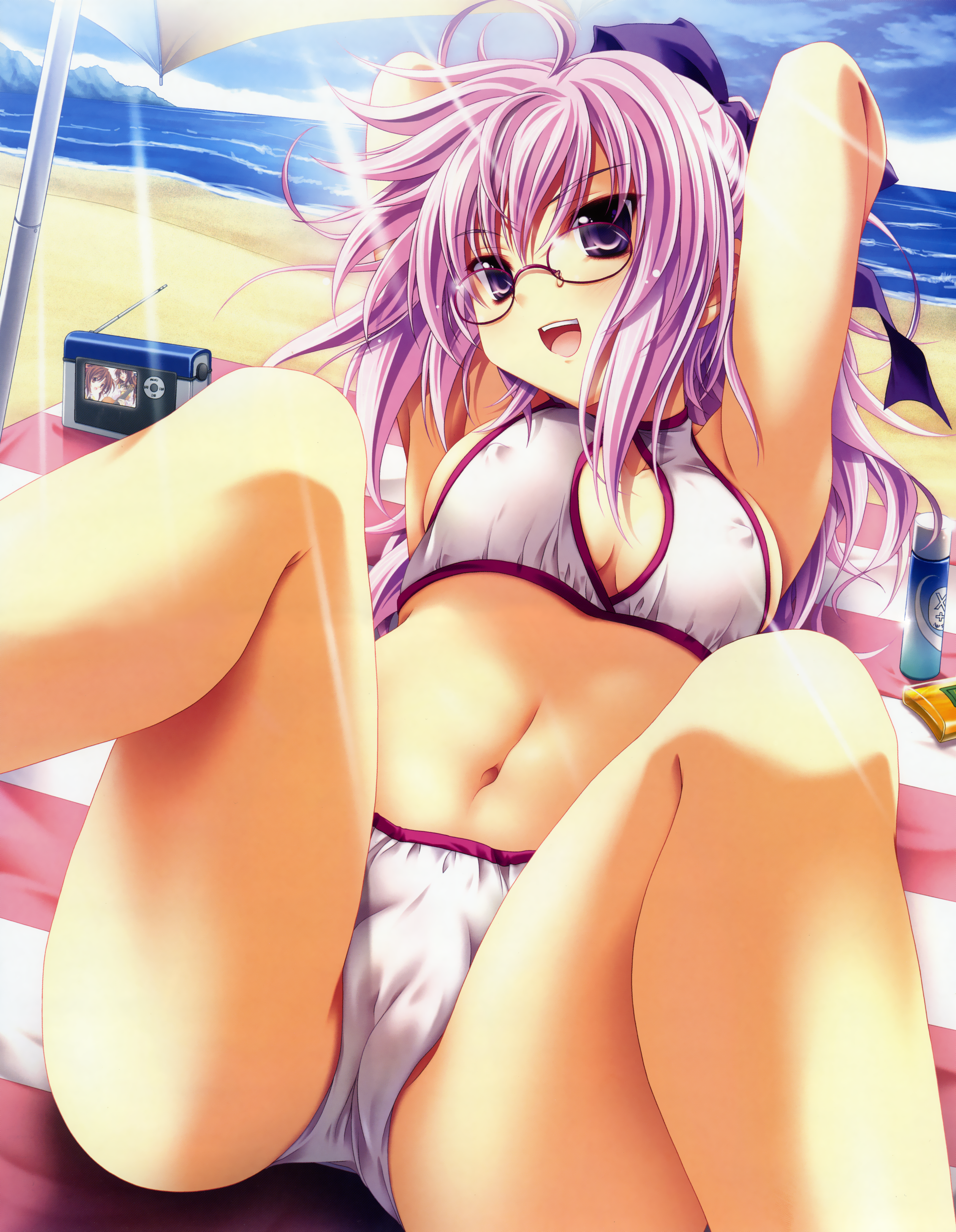 miyama-zero, absurdres, highres, huge filesize, 1girl, beach, bikini, breasts, cameltoe, day, female focus, glasses, medium breasts, ocean, outdoors, ponytail, sky, solo, sunlight, swimsuit, white bikini