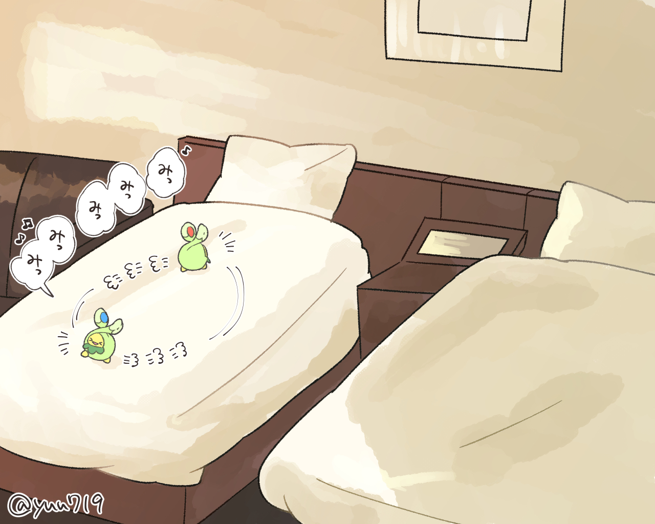 yuu719yuu719, budew, nintendo, pokemon, commentary request, translation request, > <, bed, closed eyes, gen 4 pokemon, indoors, motion lines, no humans, open mouth, pillow, pokemon (creature), pokemon focus, running, smile, solo, speech bubble, twitter username