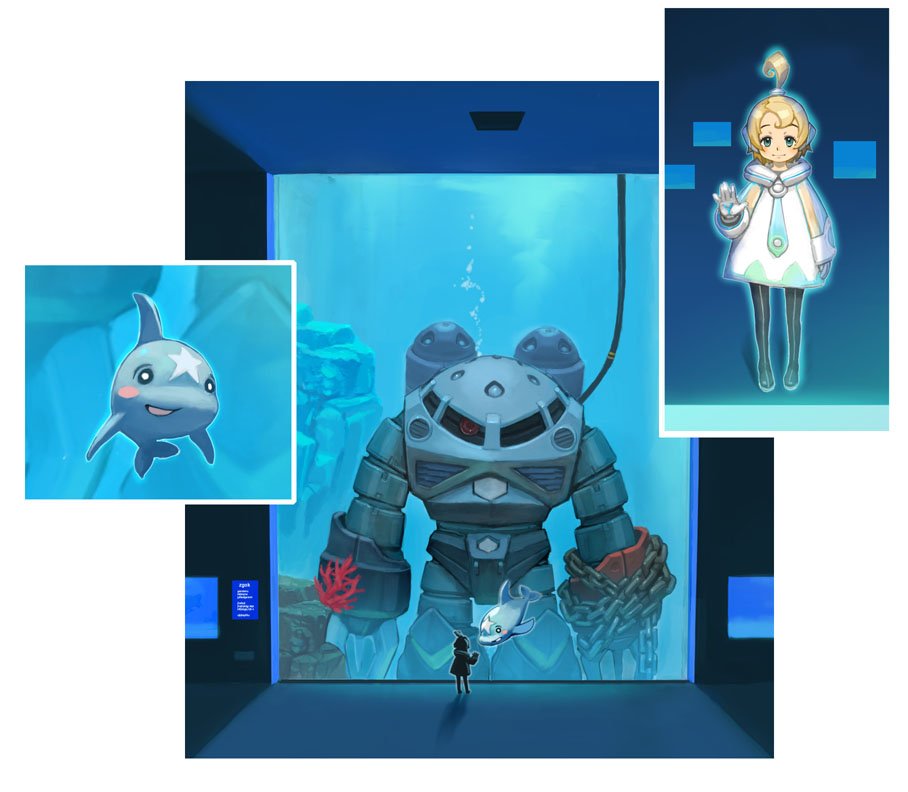 muuten, z'gok, gundam, mobile suit gundam, vehicle, ahoge, blonde hair, blue eyes, blush stickers, chain, dolphin, mecha, military, military vehicle, motor vehicle, robot, star (symbol), tank, tank (container), underwater, water