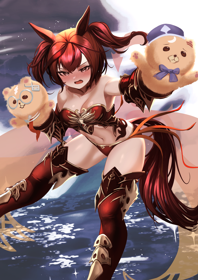 hoshikuzu kizuna (kizuna stardust), cerberus (shingeki no bahamut), ikuno dictus (umamusume), matikanetannhauser (umamusume), nice nature (umamusume), shingeki no bahamut, umamusume, textless version, 1girl, animal ears, armor, bare shoulders, bikini, bikini armor, blush, boots, breasts, cerberus (shingeki no bahamut) (cosplay), cleavage, coco (cygames), collar, collarbone, cosplay, elbow gloves, embarrassed, feet out of frame, gauntlets, gloves, horse ears, horse girl, horse tail, ikuno dictus (umamusume) (cosplay), matikanetannhauser (umamusume) (cosplay), medium breasts, medium hair, mimi (cygames), navel, side-tie bikini bottom, solo focus, swimsuit, tail, thigh boots, thighs, twintails