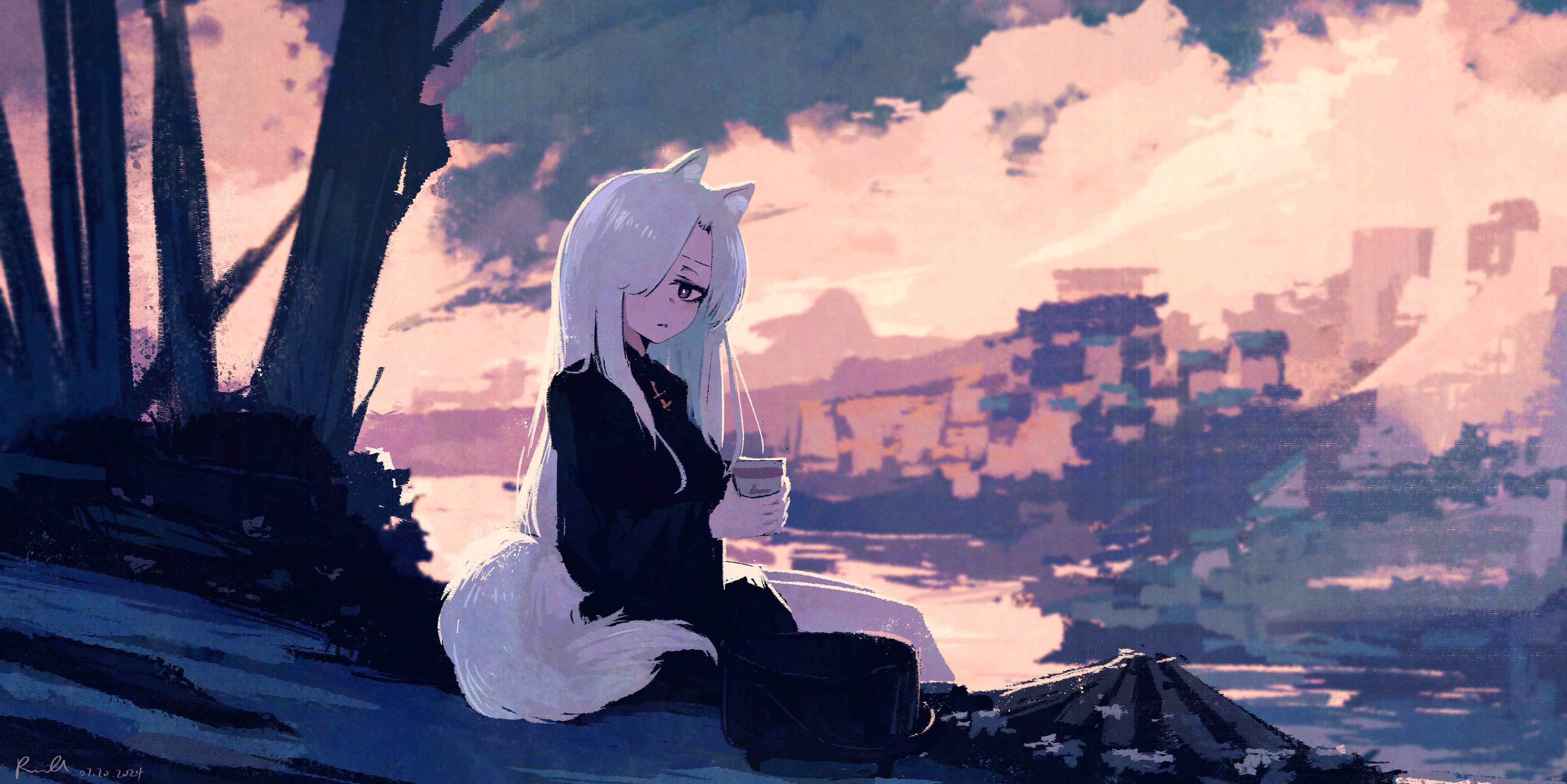 rnna, original, absurdres, commentary, english commentary, highres, 1girl, animal ear fluff, animal ears, black sweater, bright pupils, campfire, cooking pot, cup, hair over one eye, holding, holding cup, lof (rnna), long hair, long sleeves, looking at viewer, outdoors, purple eyes, solo, sweater, tail, white hair, white tail, wolf ears, wolf girl, wolf tail