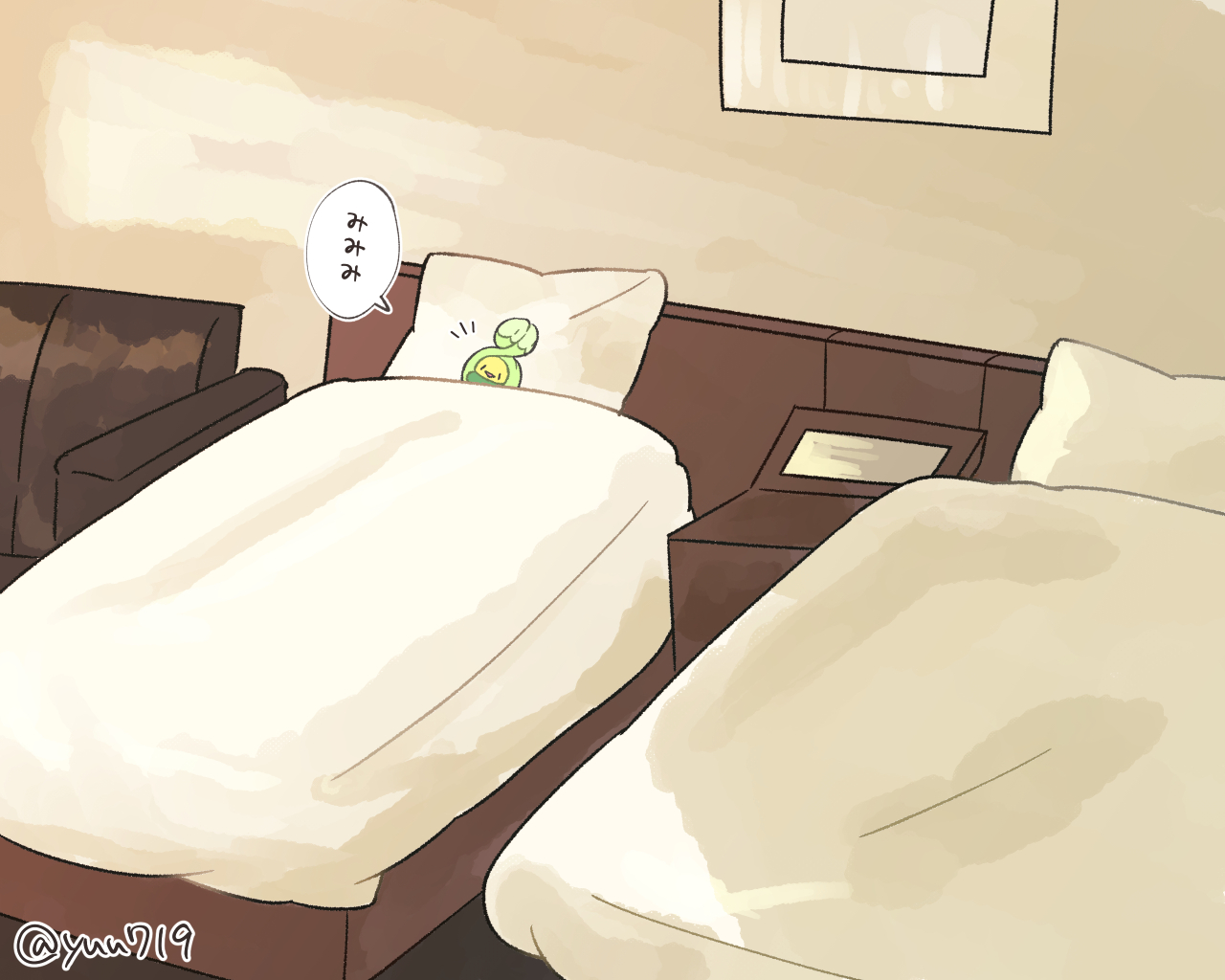 yuu719yuu719, budew, nintendo, pokemon, commentary request, translation request, bed, gen 4 pokemon, indoors, no humans, open mouth, pillow, pokemon (creature), pokemon focus, smile, solo, speech bubble, twitter username, under covers, | |