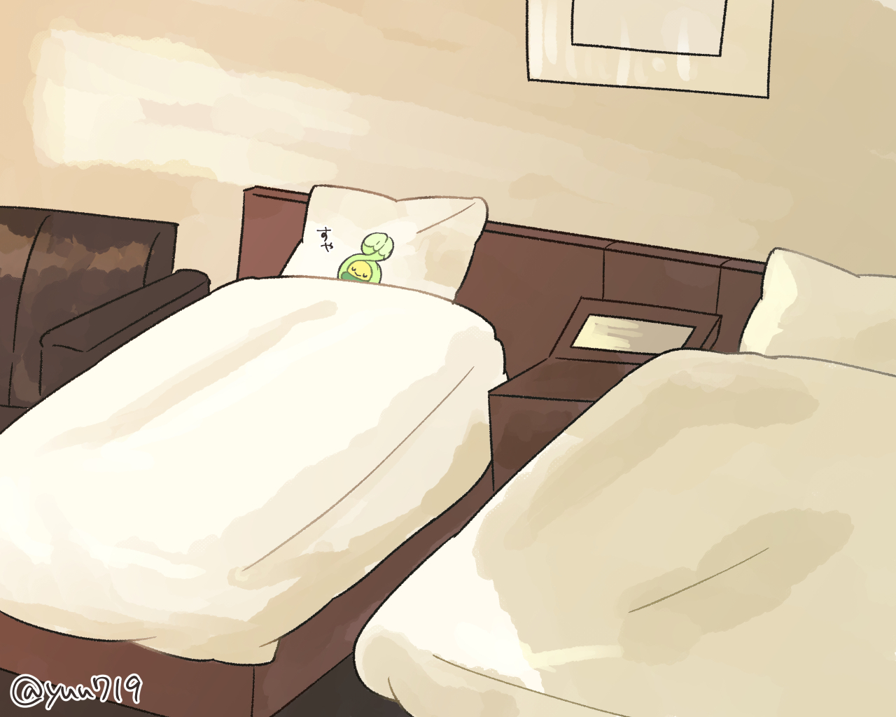 yuu719yuu719, budew, nintendo, pokemon, commentary request, bed, closed eyes, closed mouth, gen 4 pokemon, indoors, no humans, pillow, pokemon (creature), pokemon focus, sleeping, smile, solo, twitter username