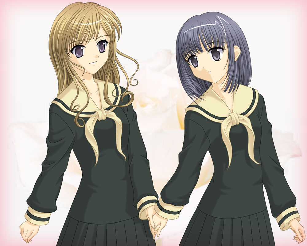 masakichi (crossroad), nijou noriko, toudou shimako, maria-sama ga miteru, 00s, 2girls, black hair, black serafuku, blonde hair, blue eyes, cowboy shot, green serafuku, green skirt, holding hands, long sleeves, multiple girls, plaid clothes, plaid skirt, school uniform, serafuku, short hair, simple background, skirt, standing, white background
