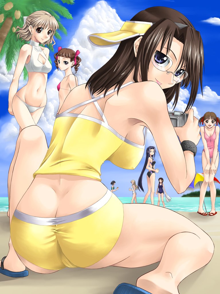 yaso shigeru, matsudaira touko, naitou shouko, takeshima tsutako, maria-sama ga miteru, duplicate, 00s, ass, back, beach, bikini, breasts, glasses, looking back, lowleg, lowleg bikini, ocean, sideboob, sky, swimsuit