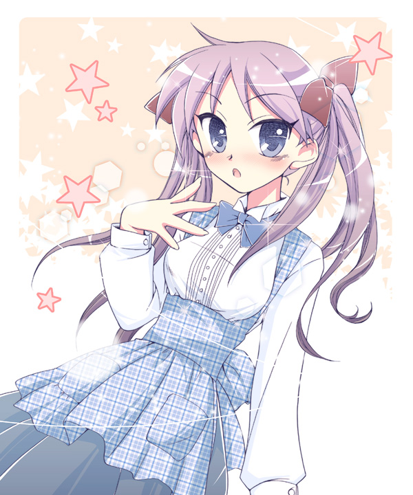 gunp, mori kouichirou, hiiragi kagami, lucky star, 00s, 1girl, apron, blue eyes, blush, bow, embarrassed, female focus, hair ribbon, kobeya uniform, long hair, open mouth, plaid apron, plaid clothes, purple hair, ribbon, solo, star (symbol), tsurime, twintails, waitress
