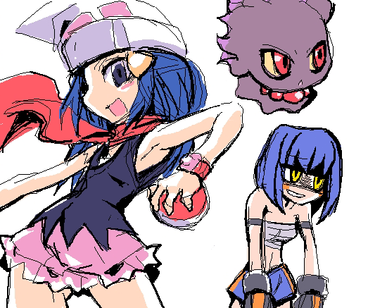 kobayashi tetsuya, croagunk, dawn (pokemon), misdreavus, moemon, nintendo, pokemon, 2girls, armband, bandages, beanie, blue eyes, blue hair, blush stickers, boxing gloves, floating, gen 2 pokemon, gen 4 pokemon, gloves, hat, holding, holding poke ball, multiple girls, oekaki, personification, poke ball, poke ball (basic), pokemon (creature), sarashi, scarf, shorts, simple background, smile, white background, yellow eyes