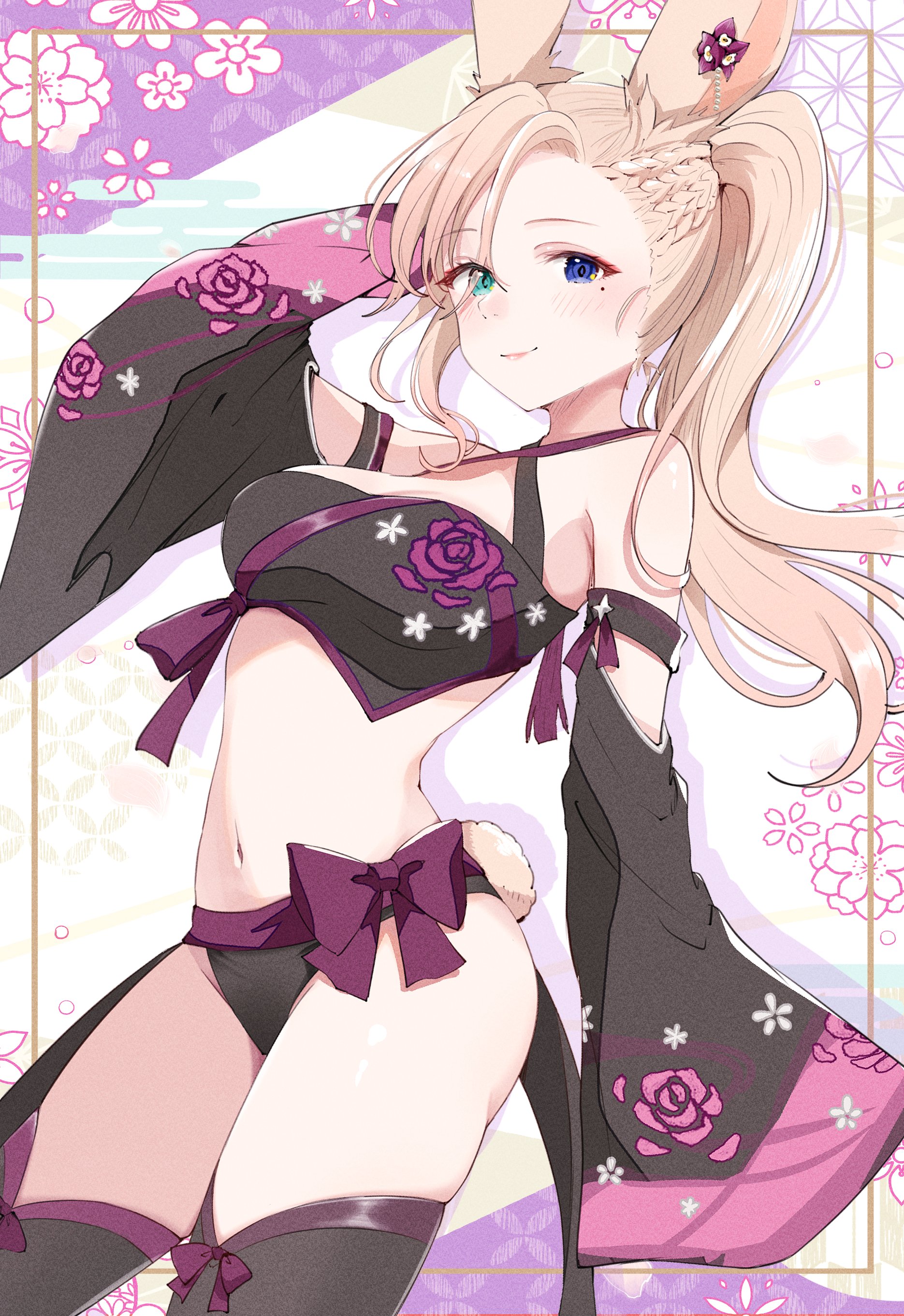 mokokoiro, warrior of light (ff14), final fantasy, final fantasy xiv, absurdres, commission, highres, skeb commission, 1girl, animal ears, bandeau, bare shoulders, bikini, black bandeau, black bikini, black thighhighs, blonde hair, blue eyes, breasts, criss-cross halter, detached sleeves, green eyes, halterneck, heterochromia, looking at viewer, navel, ponytail, rabbit ears, rabbit girl, rabbit tail, solo, stomach, swimsuit, tail, thighhighs, viera