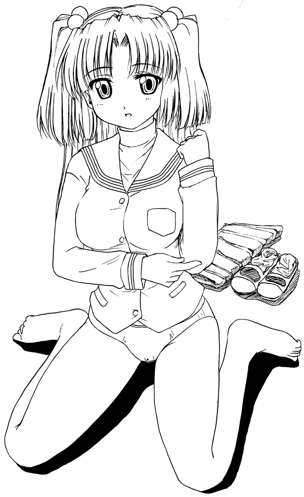 rikumoto yoshiyuki, ichinose kotomi, clannad, 00s, barefoot, greyscale, hair ornament, monochrome, panties, school uniform, serafuku, shoes, short hair, sitting, skirt, socks, solo, twintails, underwear, undressing