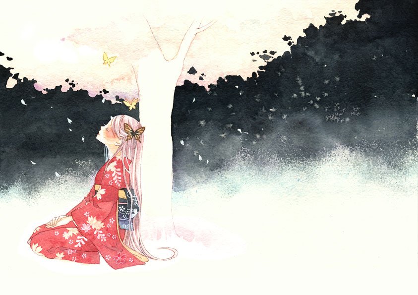uko (artist), yufushi, original, painting (medium), traditional media, watercolor (medium), 1girl, bug, butterfly, female focus, insect, japanese clothes, kimono, sleeping, solo, tree