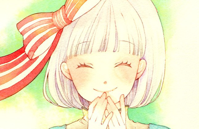 uko (artist), yufushi, painting (medium), traditional media, watercolor (medium), 1girl, close-up, female focus, ribbon, short hair, smile, solo, white hair