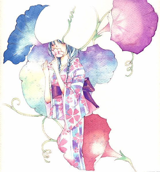 uko (artist), yufushi, painting (medium), traditional media, watercolor (medium), 1girl, braid, covered mouth, double exposure, female focus, flower, japanese clothes, kimono, morning glory, smelling, smelling flower, solo, twin braids, white background
