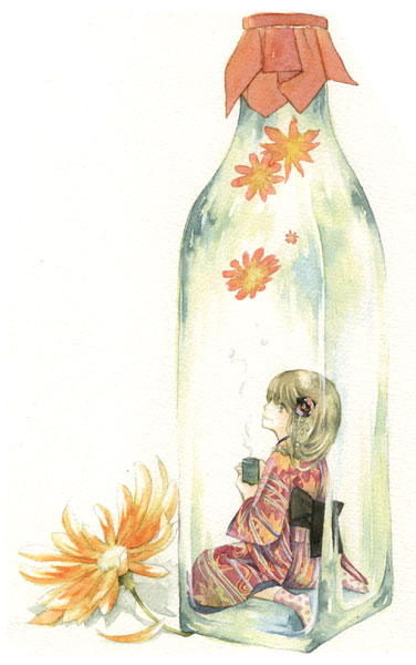 uko (artist), yufushi, painting (medium), traditional media, watercolor (medium), 1girl, bottle, cup, female focus, flower, in container, japanese clothes, kimono, mini person, minigirl, sitting, solo, tea
