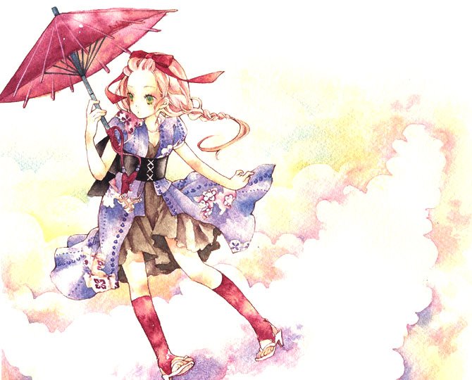 uko (artist), yufushi, painting (medium), traditional media, watercolor (medium), 1girl, cloud, female focus, japanese clothes, kimono, oil-paper umbrella, ribbon, socks, solo, umbrella