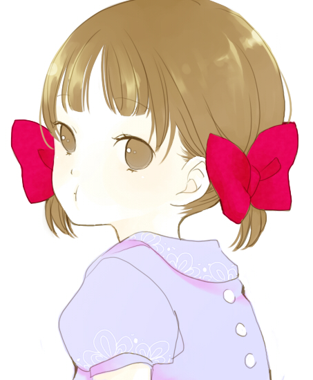 uko (artist), yufushi, 1girl, :t, brown eyes, brown hair, close-up, female focus, hair ribbon, pout, ribbon, short hair, solo