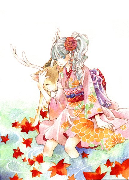 uko (artist), yufushi, painting (medium), traditional media, watercolor (medium), 1girl, animal, autumn leaves, female focus, japanese clothes, kimono, leaf, reindeer, soaking feet, solo, water