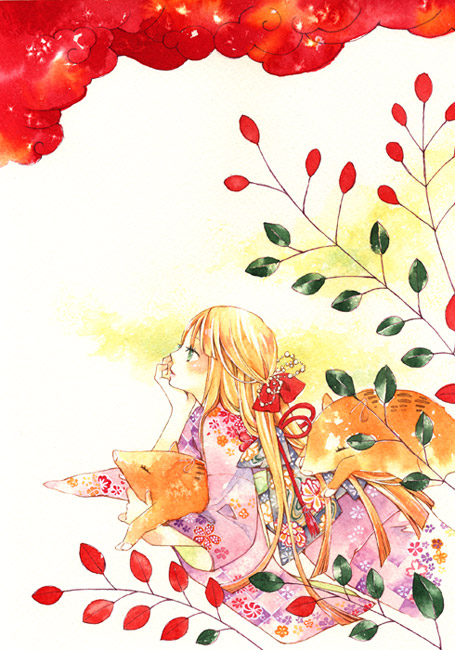 uko (artist), yufushi, painting (medium), traditional media, watercolor (medium), 1girl, animal, cloud, female focus, japanese clothes, kimono, lying, solo
