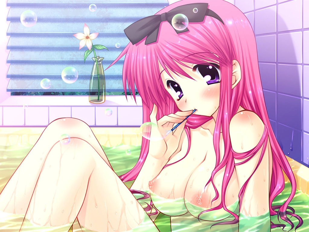 araiguma, galge.com, 1girl, bath, blush, breasts, bubble, female focus, large breasts, long hair, nipples, nude, pink hair, purple eyes, solo, wet