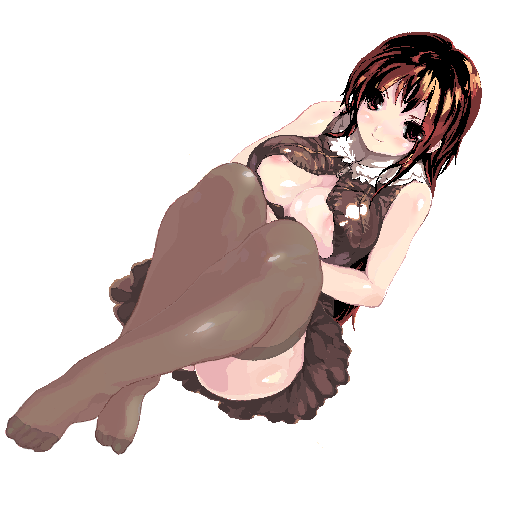 monk (syugyousou), original, 1girl, bad anatomy, bad feet, breasts, brown eyes, brown hair, feet, female focus, huge breasts, long hair, open clothes, open shirt, poorly drawn, shirt, smile, solo, thighhighs
