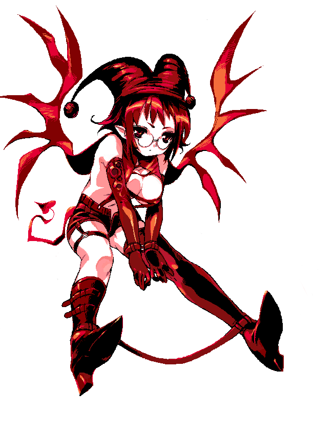 monk (syugyousou), original, bad id, bad pixiv id, 1girl, boots, breasts, cleavage, demon tail, demon wings, elbow gloves, female focus, glasses, gloves, hat, jester cap, large breasts, oekaki, pointy ears, red eyes, red hair, short hair, solo, tail, thigh boots, thighhighs, wings